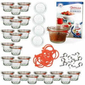 MamboCat Einmachglas 24er Set Weck Gugelhupfglas 165 ml + 24 Glasdeckel + 24 Einkochringe + 48 Einkochklammern mit Rezeptheft