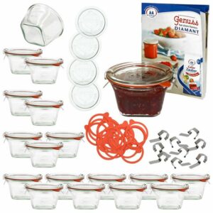 MamboCat Einmachglas 18er Set Weck Quentin 290 ml + 18 Glasdeckeldeckel + 18 Einkochringe + 24 Klammern mit Rezeptheft