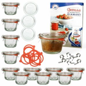 MamboCat Einmachglas 12er Set Weck Gugelhupfglas 165 ml + 12 Glasdeckel + 12 Einkochringe + 24 Einkochklammern mit Rezeptheft