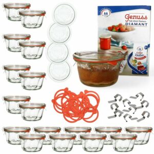 MamboCat Einmachglas 18er Set Weck Gugelhupfglas 280 ml + 18 Glasdeckel + 18 Einkochringe + 36 Einkochklammern mit Rezeptheft