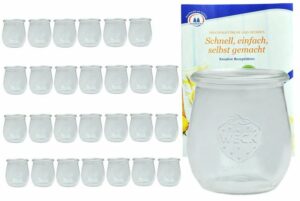 MamboCat Einmachglas 28er Set Weck Tulpengläser 220 ml Dessertgläser incl. Diamant-Zucker Gelierzauber Rezeptheft