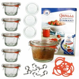 MamboCat Einmachglas 6er Set Weck Gugelhupfglas 165 ml + 6 Glasdeckel + 6 Einkochringe + 12 Einkochklammern mit Rezeptheft