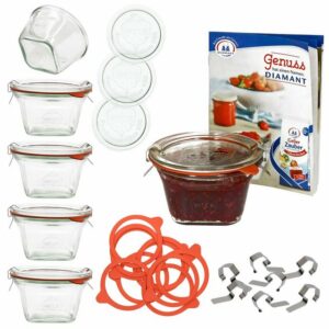 MamboCat Einmachglas 6er Set Weck Quentin 290 ml + 6 Glasdeckeldeckel + 6 Einkochringe + 12 Klammern mit Rezeptheft