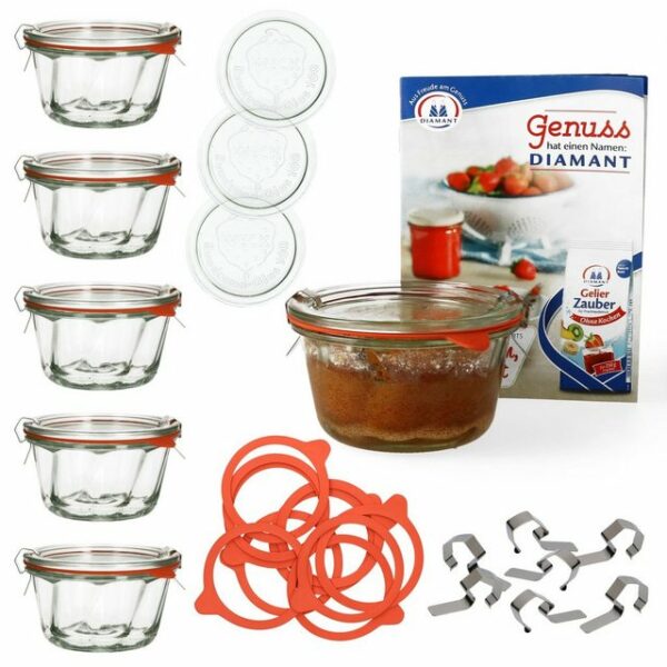 MamboCat Einmachglas 6er Set Weck Gugelhupfglas 280 ml + 6 Glasdeckel + 6 Einkochringe + 12 Einkochklammern mit Rezeptheft